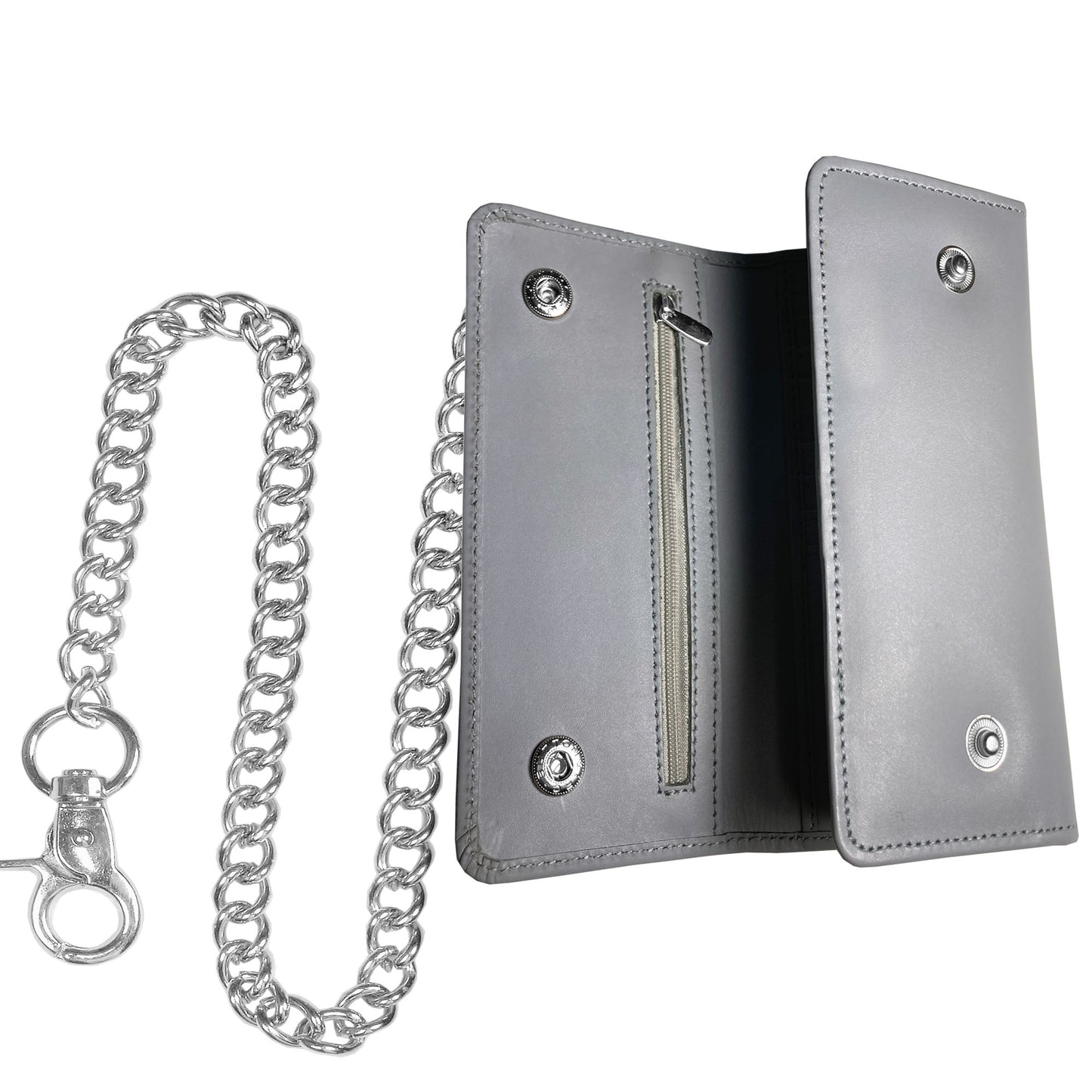 IBRO Motorcycle Chain Wallet for Men – 100% Natural Genuine Leather, Long Trifold RFID Blocking Wallet Aniline Grey