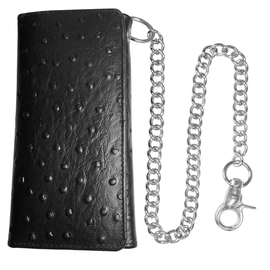 IBRO Motorcycle Chain Wallet for Men – 100% Natural Genuine Leather, Long Trifold RFID Blocking Wallet Ostrich Black