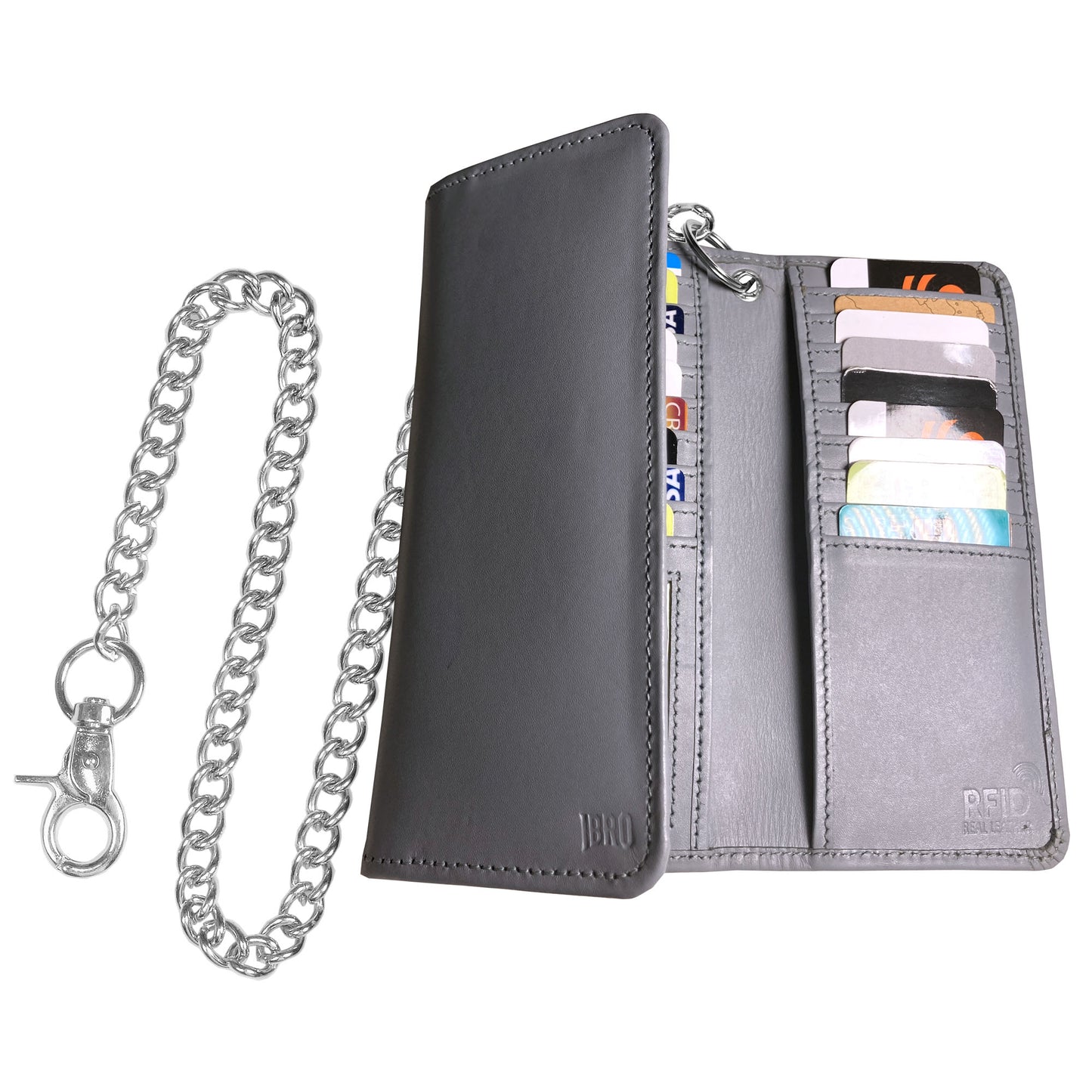 IBRO Motorcycle Chain Wallet for Men – 100% Natural Genuine Leather, Long Trifold RFID Blocking Wallet Aniline Grey