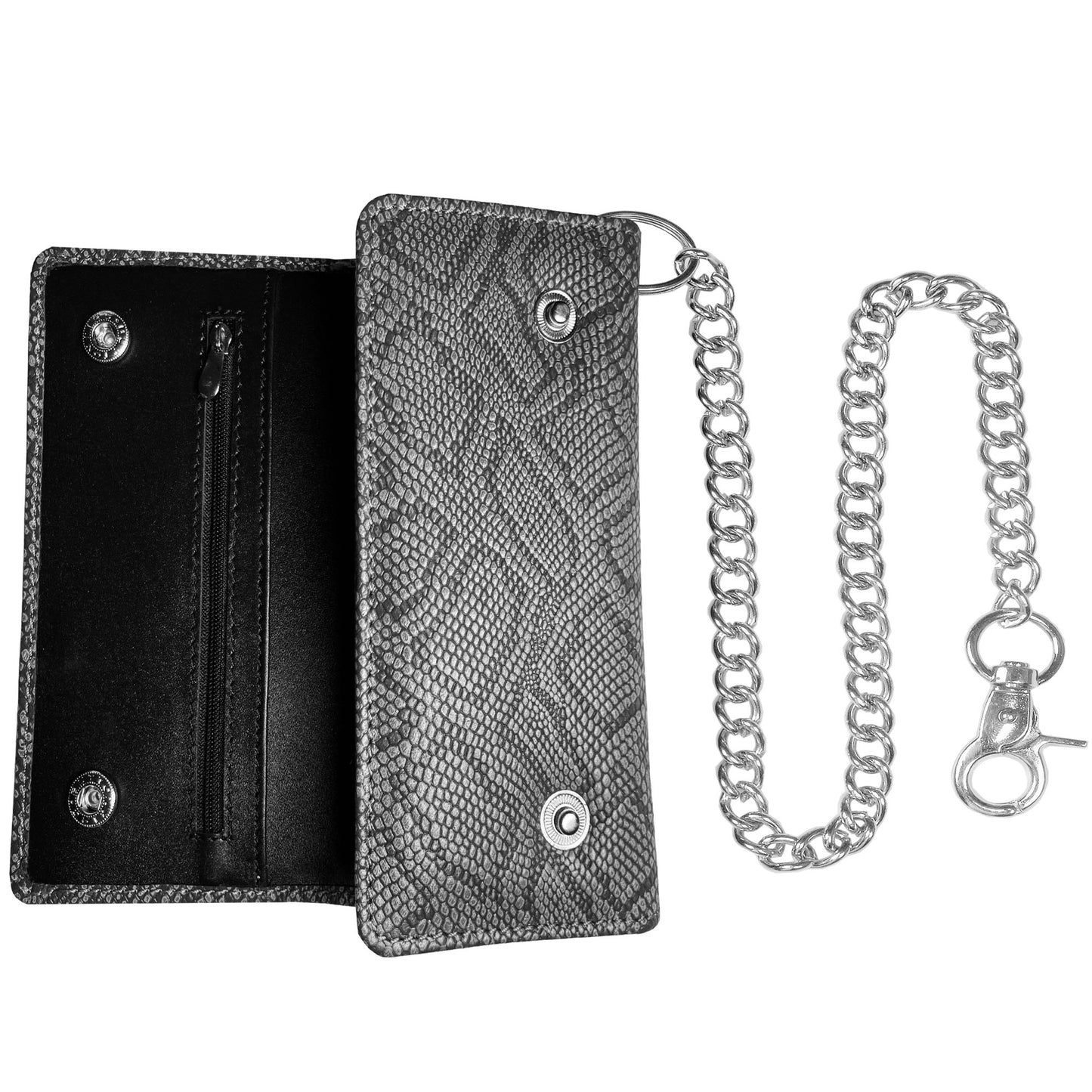 IBRO Motorcycle Chain Wallet for Men – 100% Natural Genuine Leather, Long Trifold RFID Blocking Wallet Snake Grey Black
