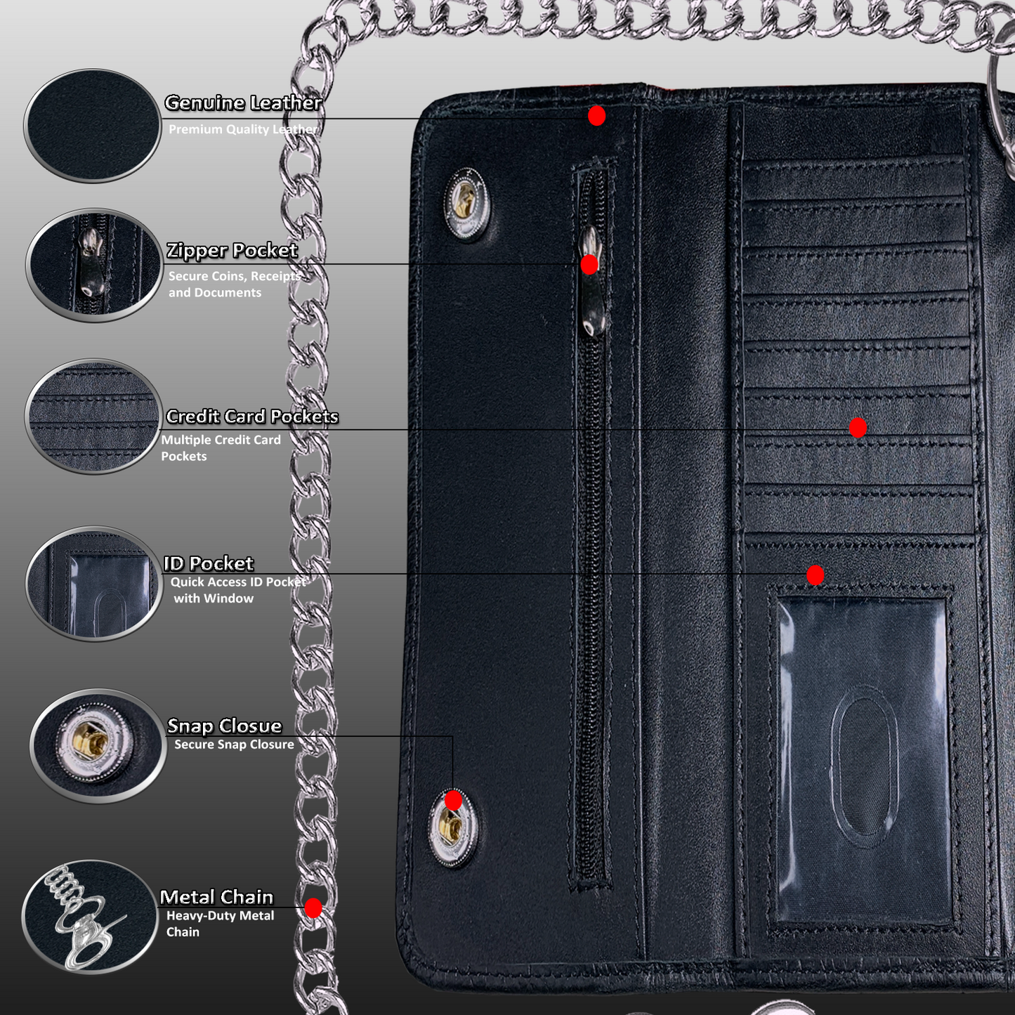 IBRO Motorcycle Chain Wallet for Men – 100% Natural Genuine Leather, Long Trifold RFID Blocking Wallet Matte Black