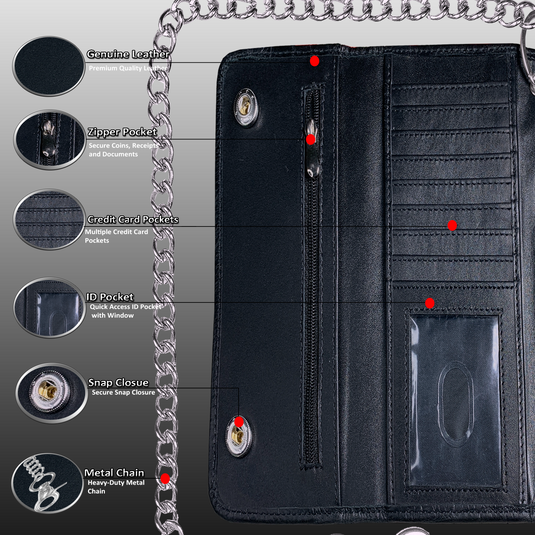 IBRO Motorcycle Chain Wallet for Men – 100% Natural Genuine Leather, Long Trifold RFID Blocking Wallet Matte Black
