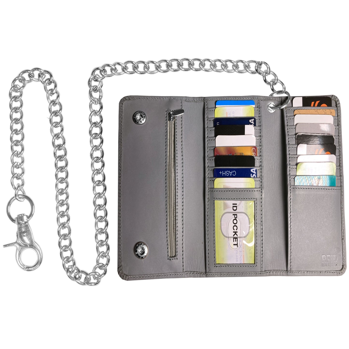 IBRO Motorcycle Chain Wallet for Men – 100% Natural Genuine Leather, Long Trifold RFID Blocking Wallet Aniline Grey