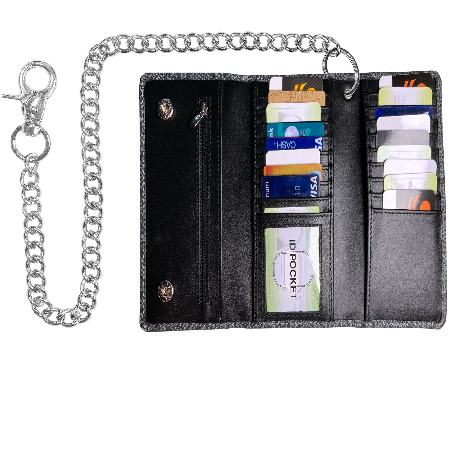 IBRO Motorcycle Chain Wallet for Men – 100% Natural Genuine Leather, Long Trifold RFID Blocking Wallet Snake Grey Black