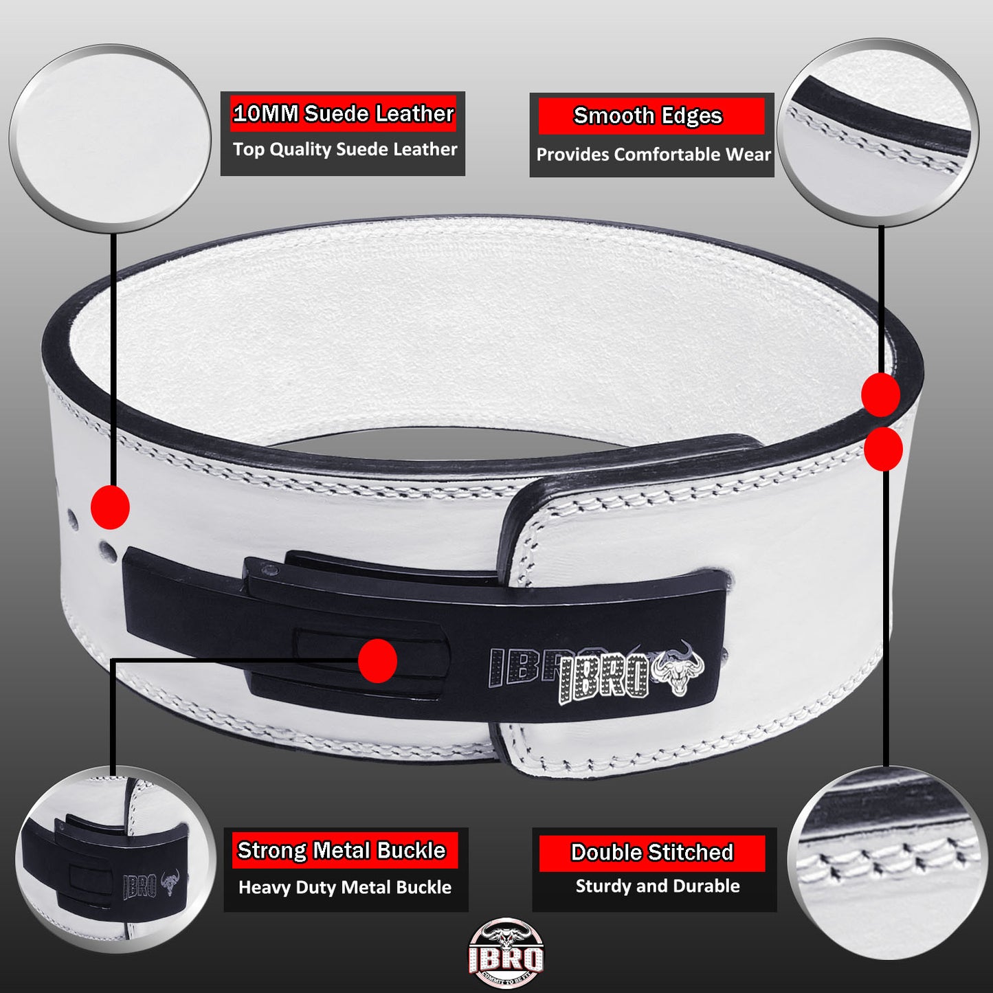 IBRO Powerlifting Lever Gym Belt Power 10MM Extreme Heavy Duty Genuine Leather Belt 10mm AllWhite