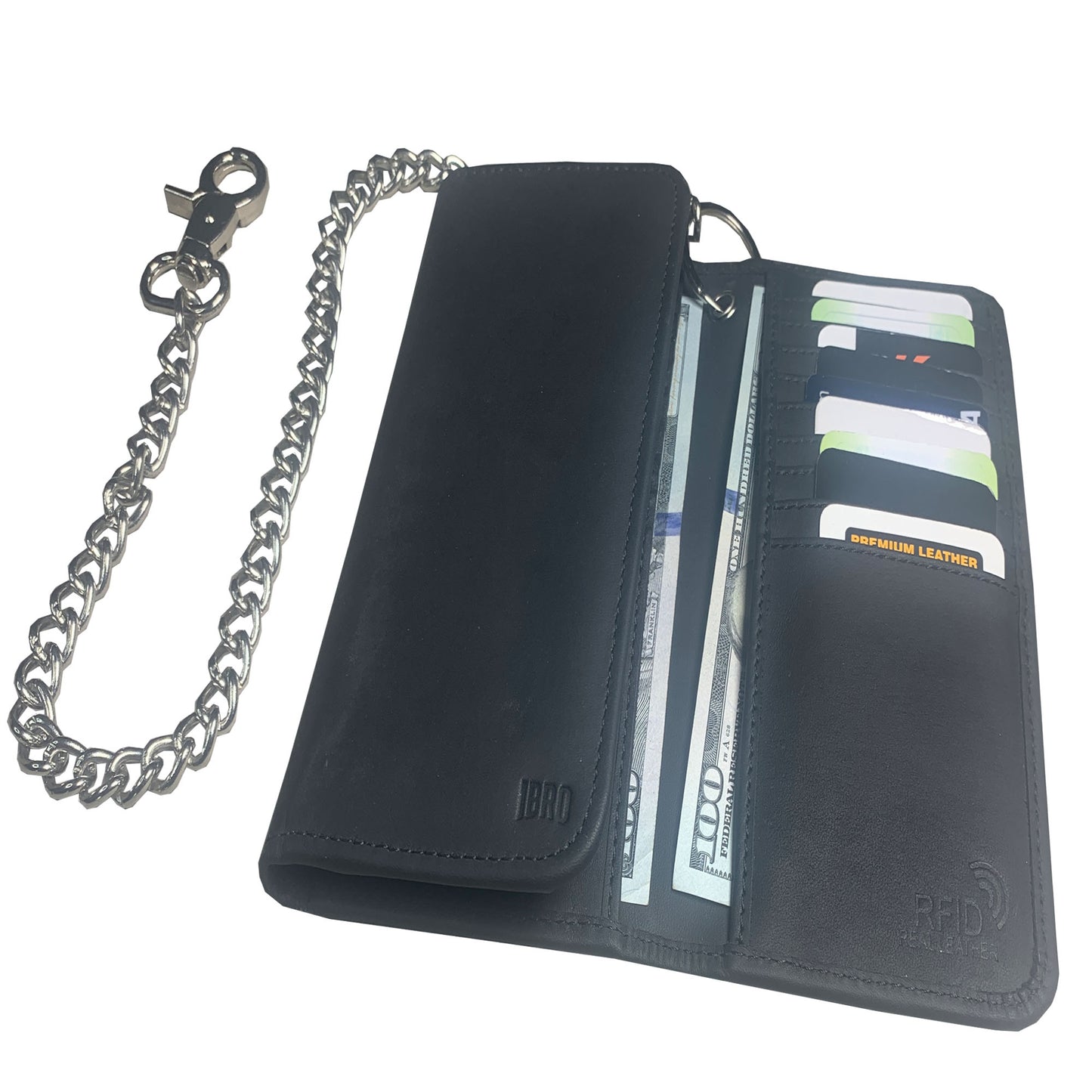 IBRO Motorcycle Chain Wallet for Men – 100% Natural Genuine Leather, Long Trifold RFID Blocking Wallet Matte Black