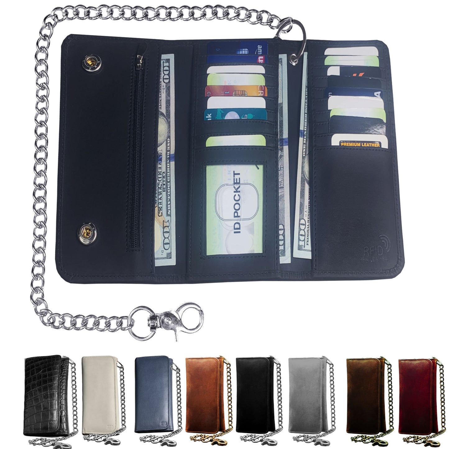 IBRO Motorcycle Chain Wallet for Men – 100% Natural Genuine Leather, Long Trifold RFID Blocking Wallet Matte Black