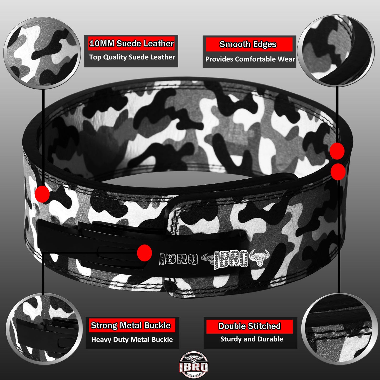 IBRO Powerlifting Lever Gym Belt Power 10MM Extreme Heavy Duty Genuine Leather Belt 10mm GreyCamo