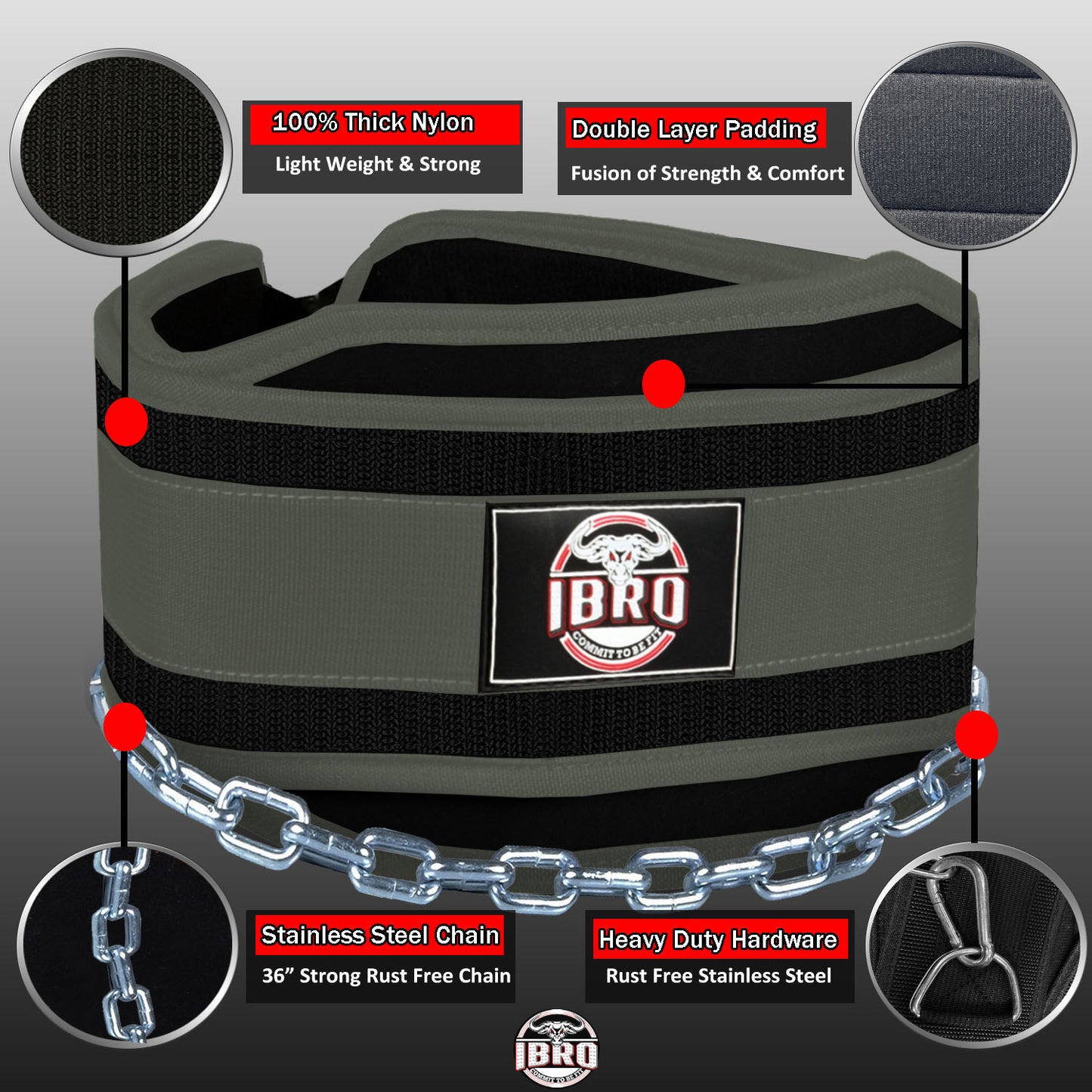 IBRO Advanced Fitness Dipping Belt with heavy Duty Long Steel Chain | Weighted Dips, Pullups, Bodybuilding, Weight Lifting | Neoprene Waist Support | for Men and Women Green