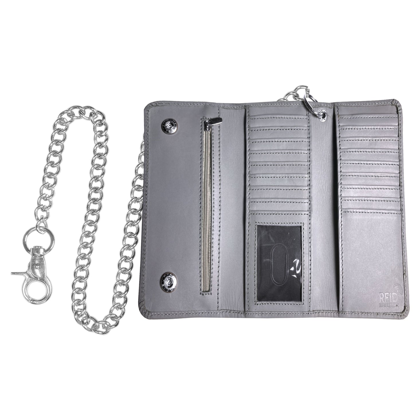IBRO Motorcycle Chain Wallet for Men – 100% Natural Genuine Leather, Long Trifold RFID Blocking Wallet Aniline Grey