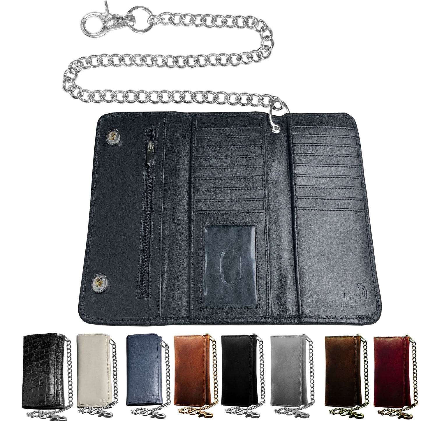 IBRO Motorcycle Chain Wallet for Men – 100% Natural Genuine Leather, Long Trifold RFID Blocking Wallet Matte Black