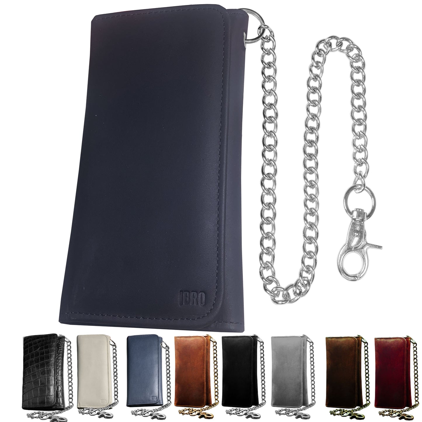 IBRO Motorcycle Chain Wallet for Men – 100% Natural Genuine Leather, Long Trifold RFID Blocking Wallet Matte Black