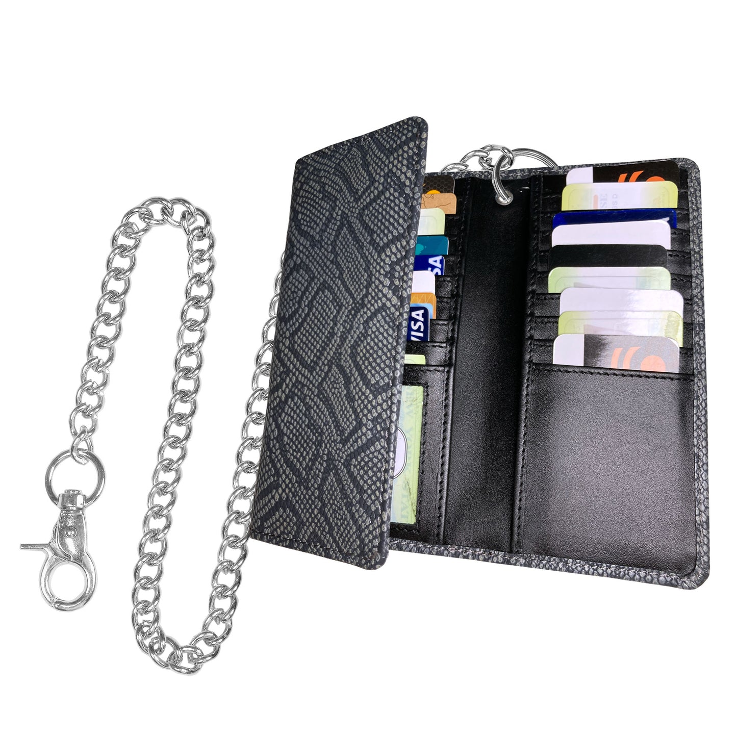 IBRO Motorcycle Chain Wallet for Men – 100% Natural Genuine Leather, Long Trifold RFID Blocking Wallet Snake Grey Black