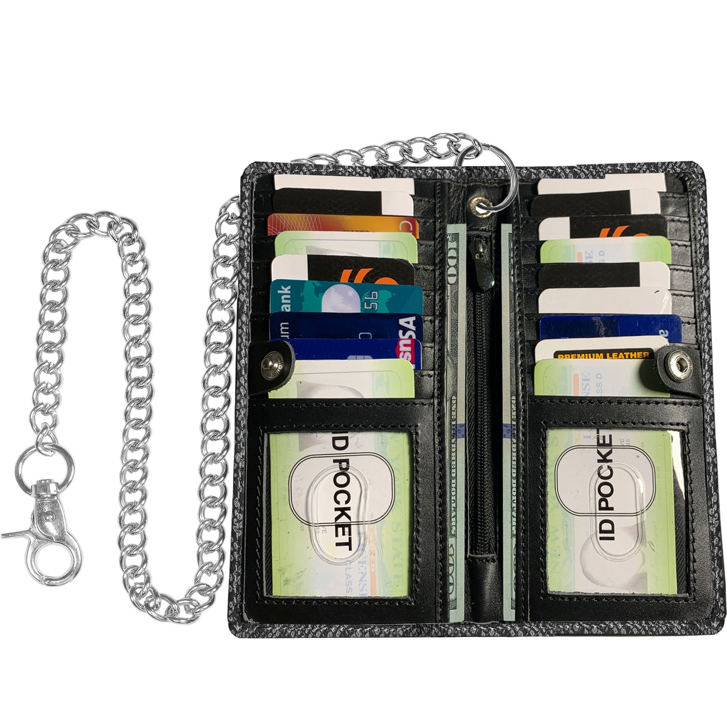 IBRO Long Bifold RFID Blocking Motorcycle Chain Wallet for Men Snake Black