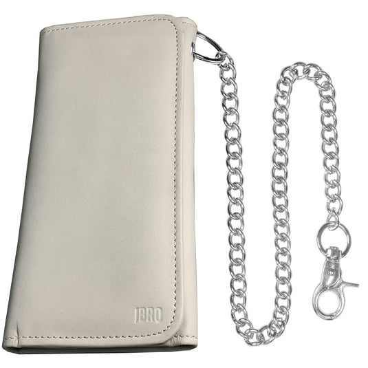 IBRO Motorcycle Chain Wallet for Men – 100% Natural Genuine Leather, Long Trifold RFID Blocking Wallet  Pearl White