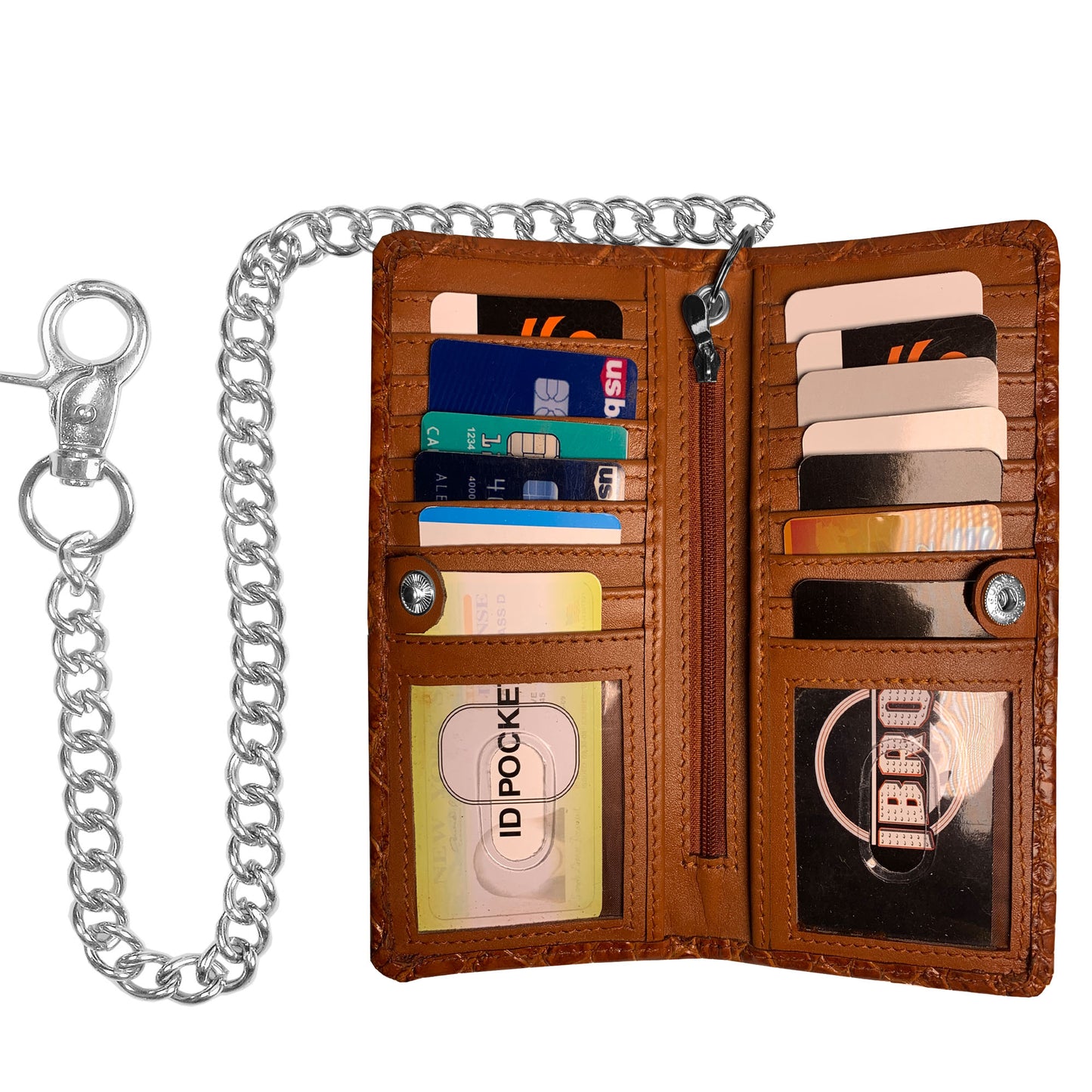 IBRO Long Bifold RFID Blocking Motorcycle Chain Wallet for Men Ostrich Brown