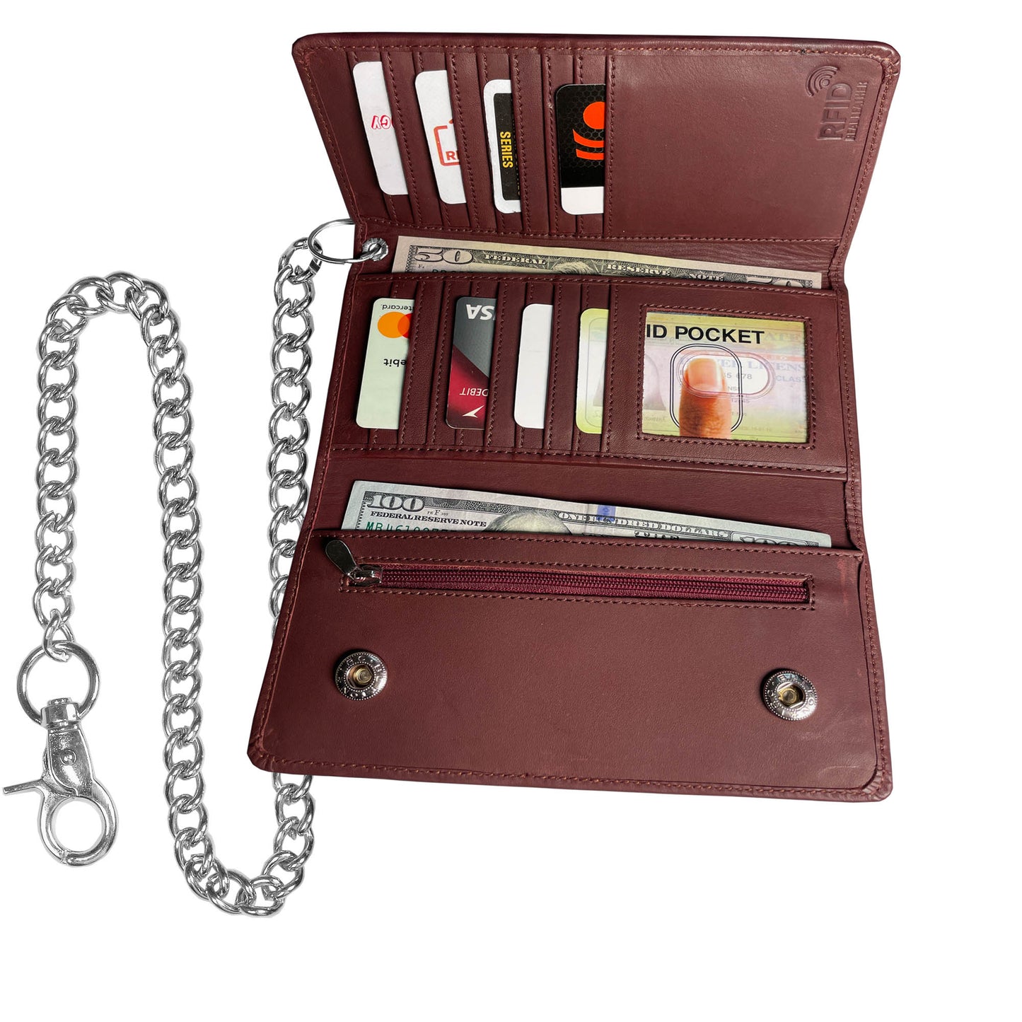 IBRO Motorcycle Chain Wallet for Men – 100% Natural Genuine Leather, Long Trifold RFID Blocking Wallet OXBlood