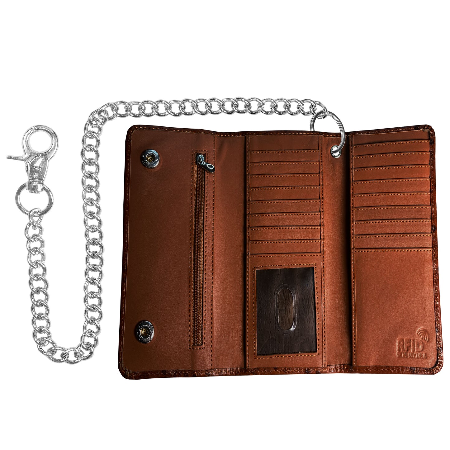 IBRO Motorcycle Chain Wallet for Men – 100% Natural Genuine Leather, Long Trifold RFID Blocking Wallet Ostrich Brown