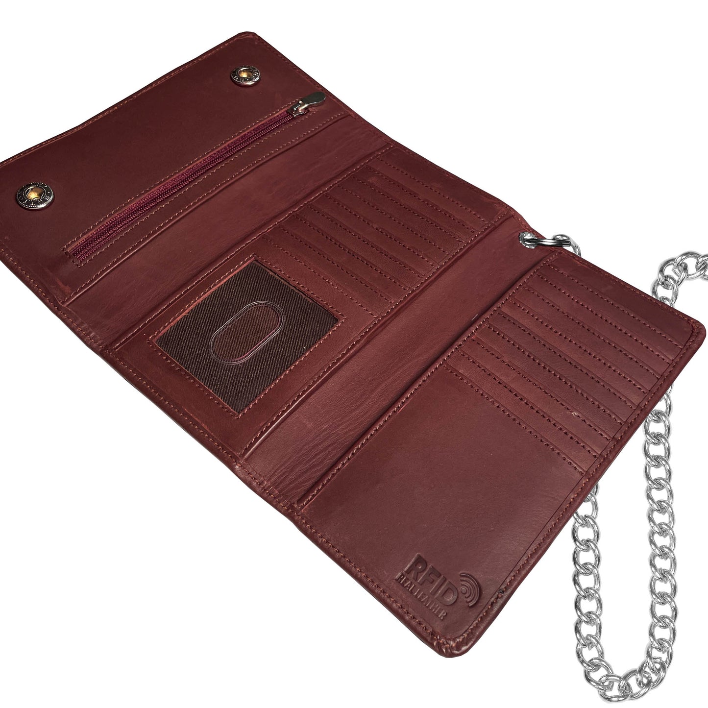 IBRO Motorcycle Chain Wallet for Men – 100% Natural Genuine Leather, Long Trifold RFID Blocking Wallet OXBlood