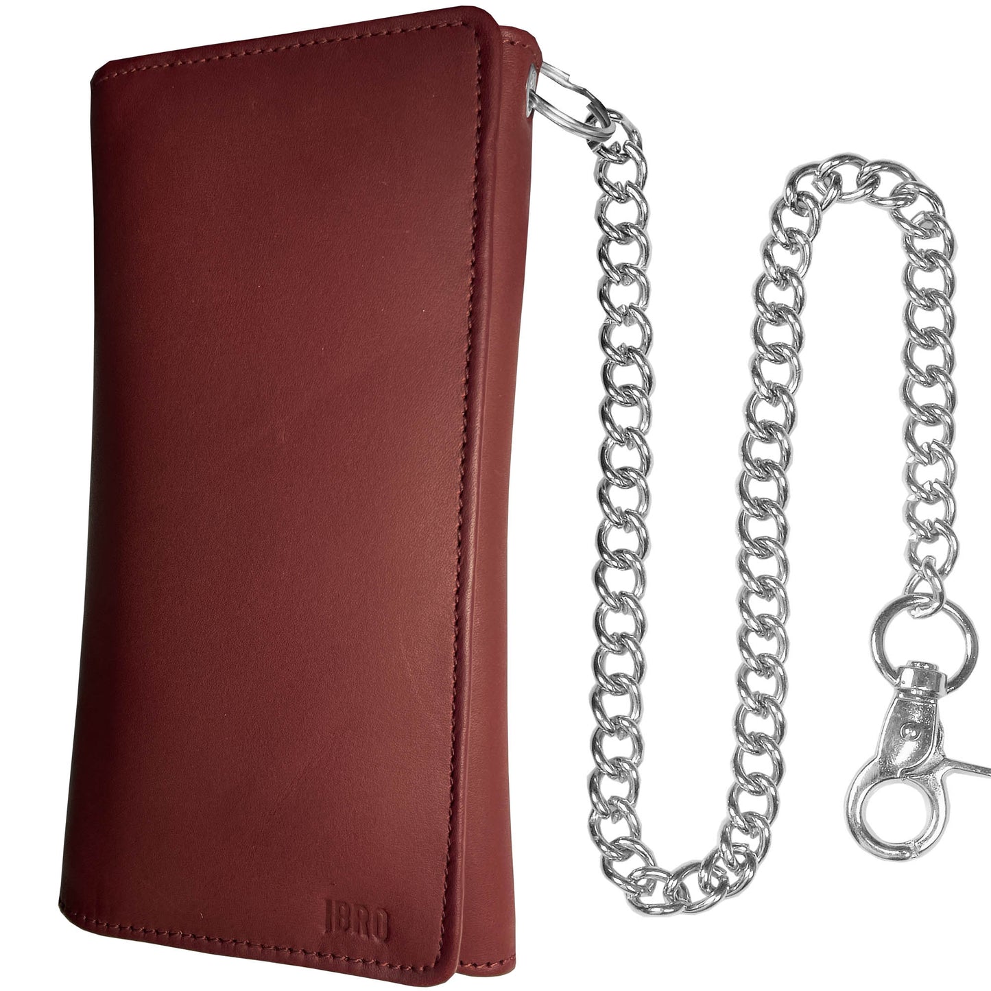 IBRO Motorcycle Chain Wallet for Men – 100% Natural Genuine Leather, Long Trifold RFID Blocking Wallet OXBlood