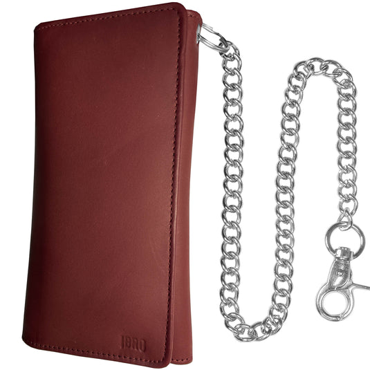 IBRO Motorcycle Chain Wallet for Men – 100% Natural Genuine Leather, Long Trifold RFID Blocking Wallet OXBlood