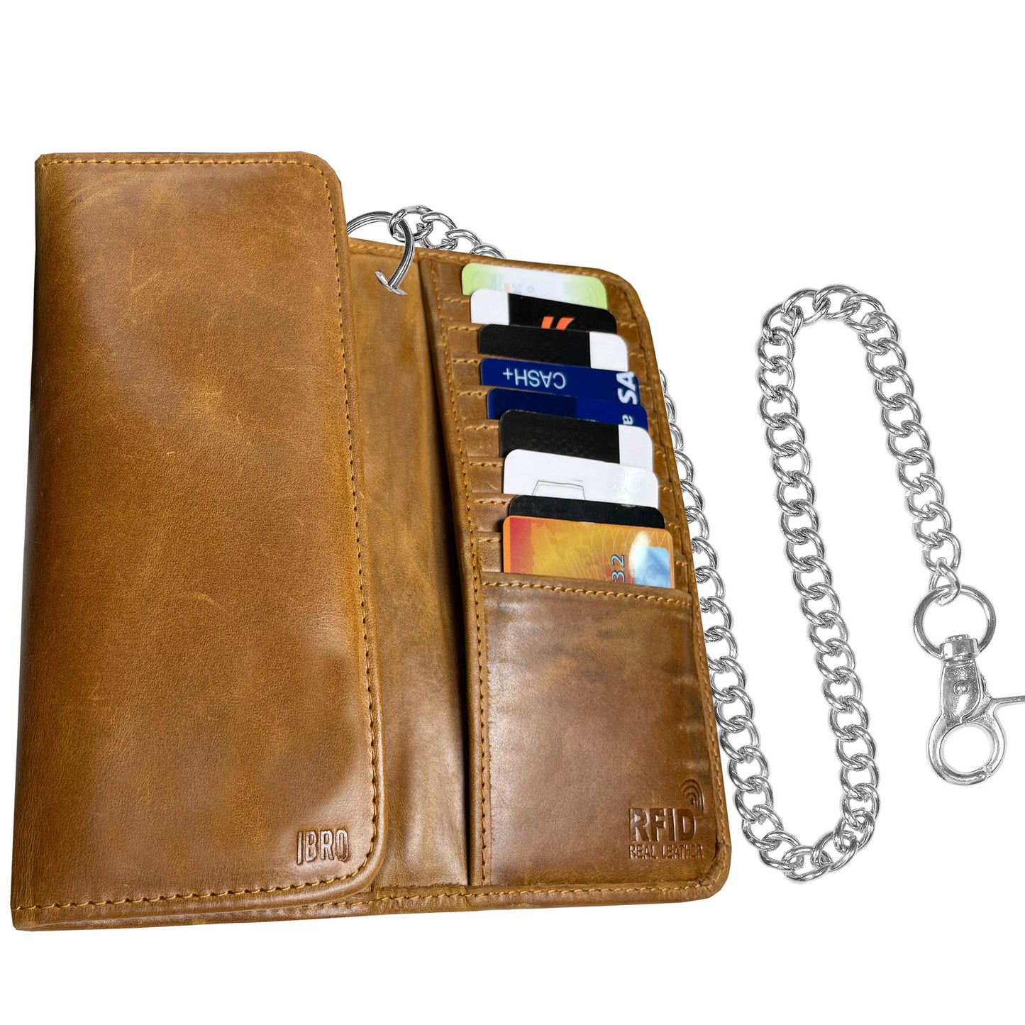 IBRO Motorcycle Chain Wallet for Men – 100% Natural Genuine Leather, Long Trifold RFID Blocking Wallet Forest Brown