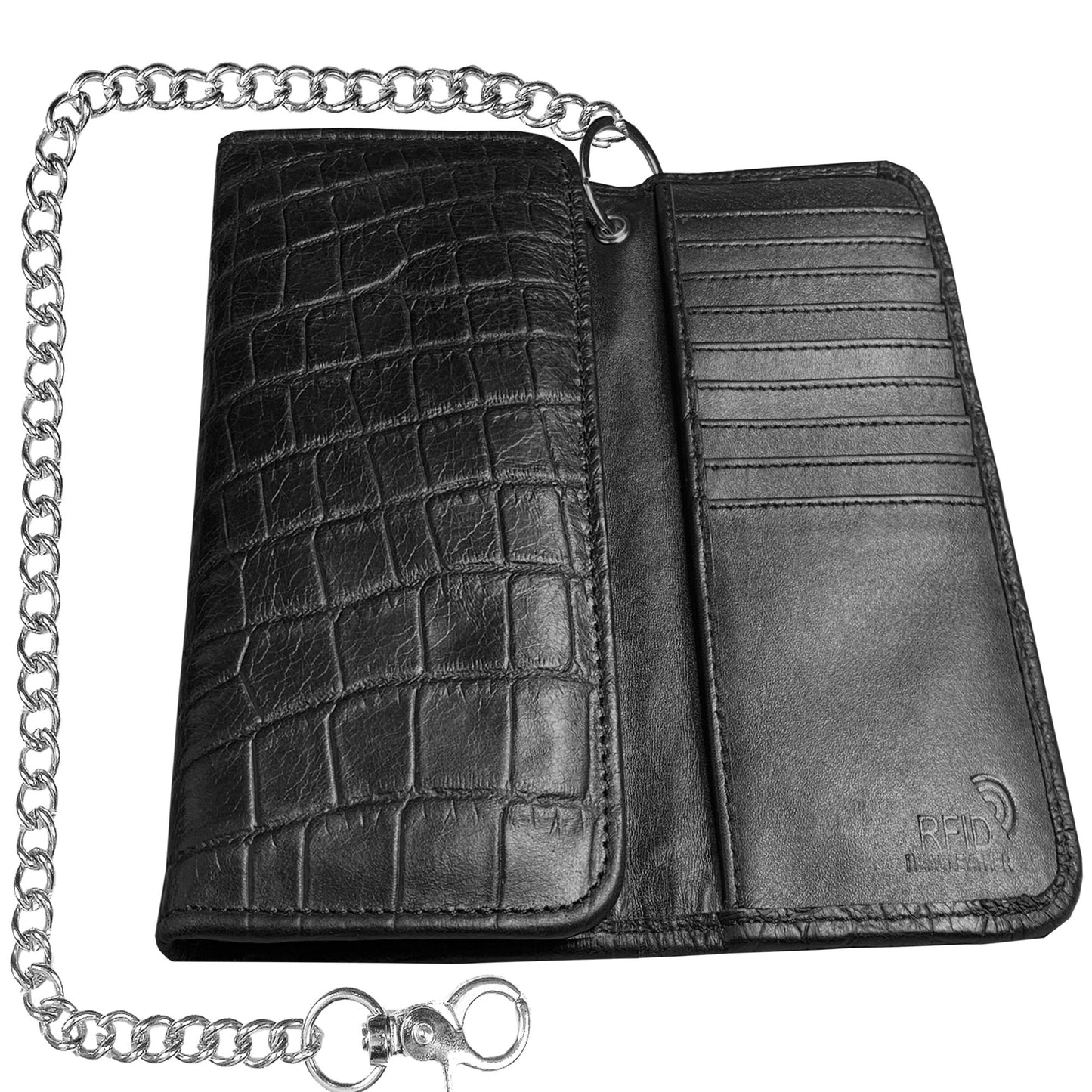 IBRO Motorcycle Chain Wallet for Men – 100% Natural Genuine Leather, Long Trifold RFID Blocking Wallet Crocodile Black