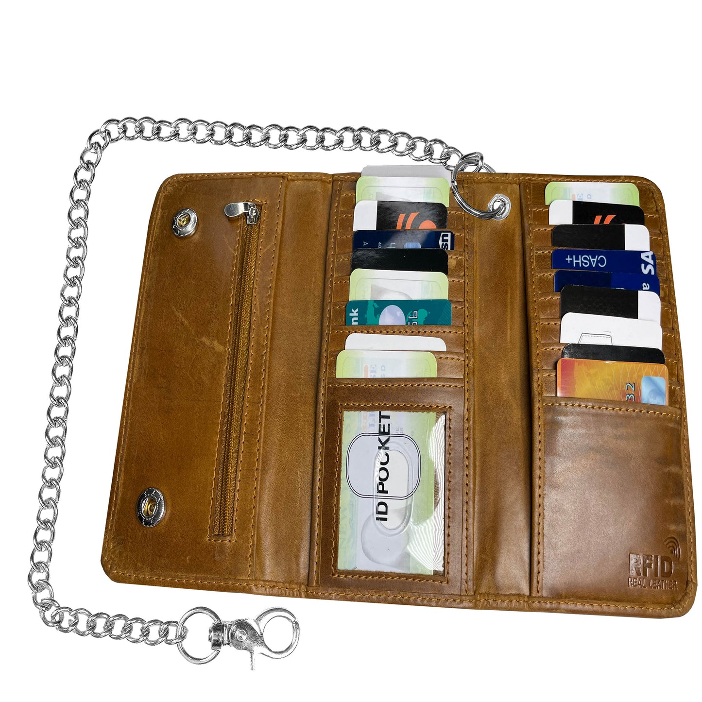 IBRO Motorcycle Chain Wallet for Men – 100% Natural Genuine Leather, Long Trifold RFID Blocking Wallet Forest Brown