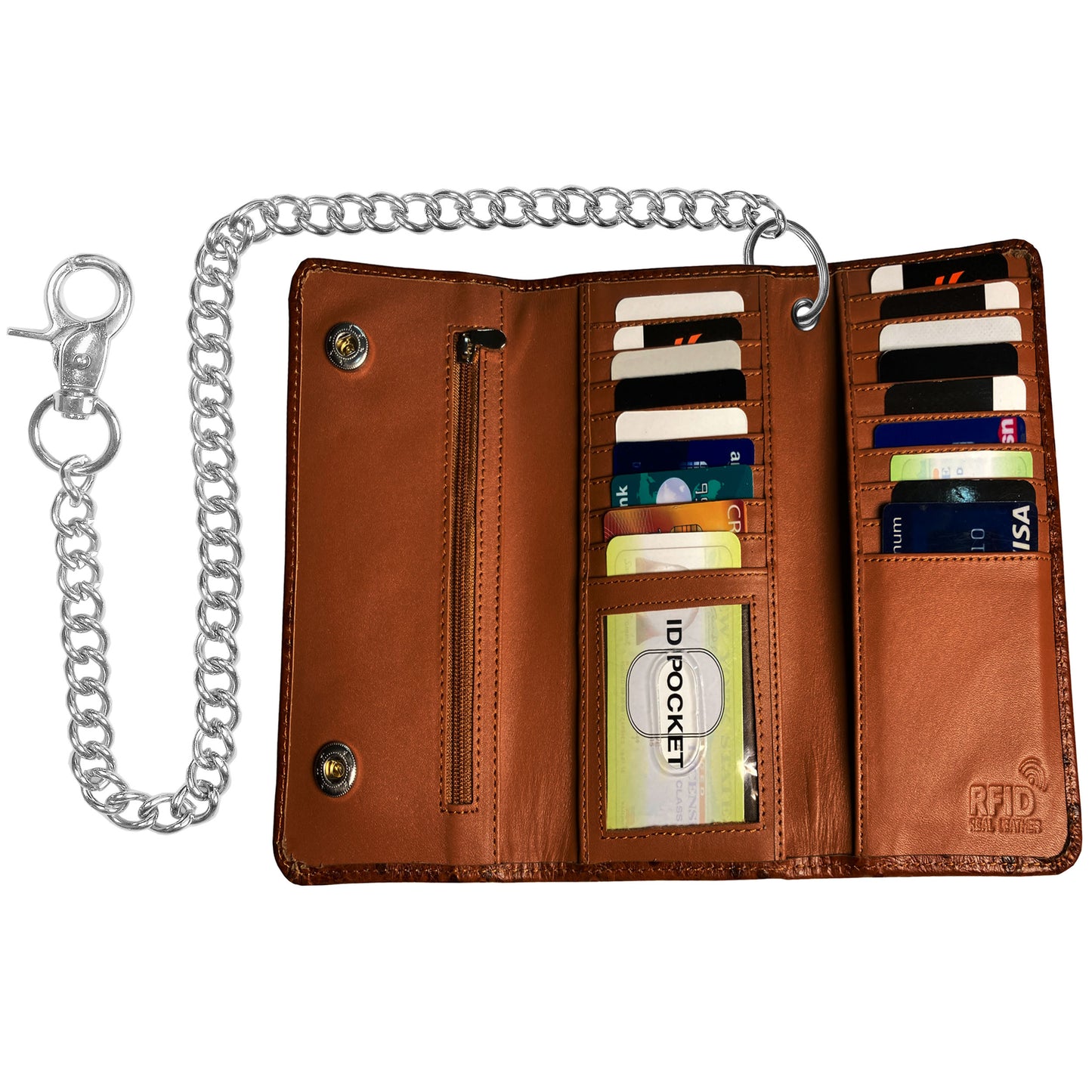 IBRO Motorcycle Chain Wallet for Men – 100% Natural Genuine Leather, Long Trifold RFID Blocking Wallet Ostrich Brown