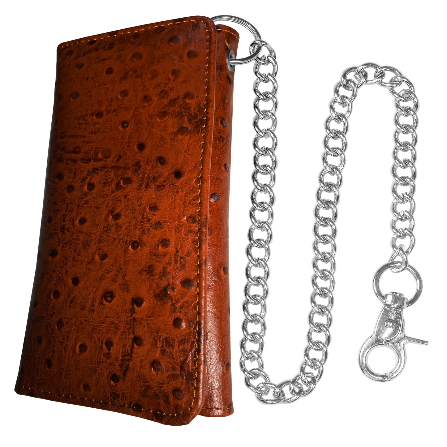 IBRO Motorcycle Chain Wallet for Men – 100% Natural Genuine Leather, Long Trifold RFID Blocking Wallet Ostrich Brown