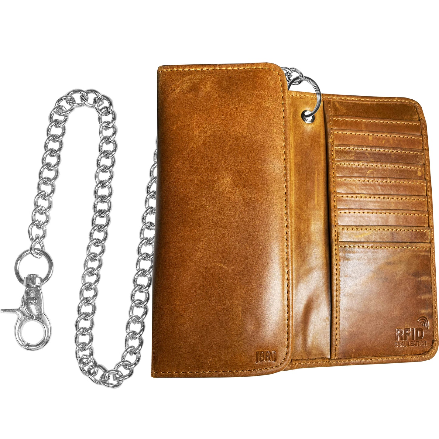 IBRO Motorcycle Chain Wallet for Men – 100% Natural Genuine Leather, Long Trifold RFID Blocking Wallet Forest Brown