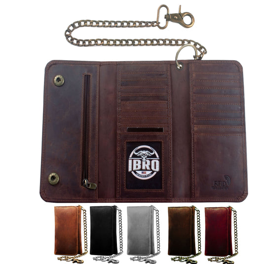 IBRO Motorcycle Chain Wallet for Men – 100% Natural Genuine Leather, Long Trifold RFID Blocking Wallet Crazy Horse Brown