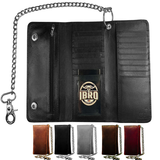 IBRO Motorcycle Chain Wallet for Men – 100% Natural Genuine Leather, Long Trifold RFID Blocking Wallet