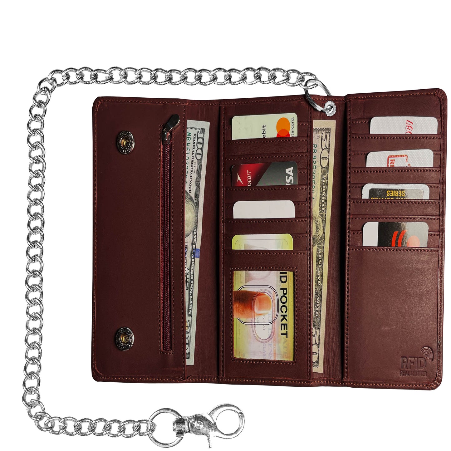 IBRO Motorcycle Chain Wallet for Men – 100% Natural Genuine Leather, Long Trifold RFID Blocking Wallet OXBlood
