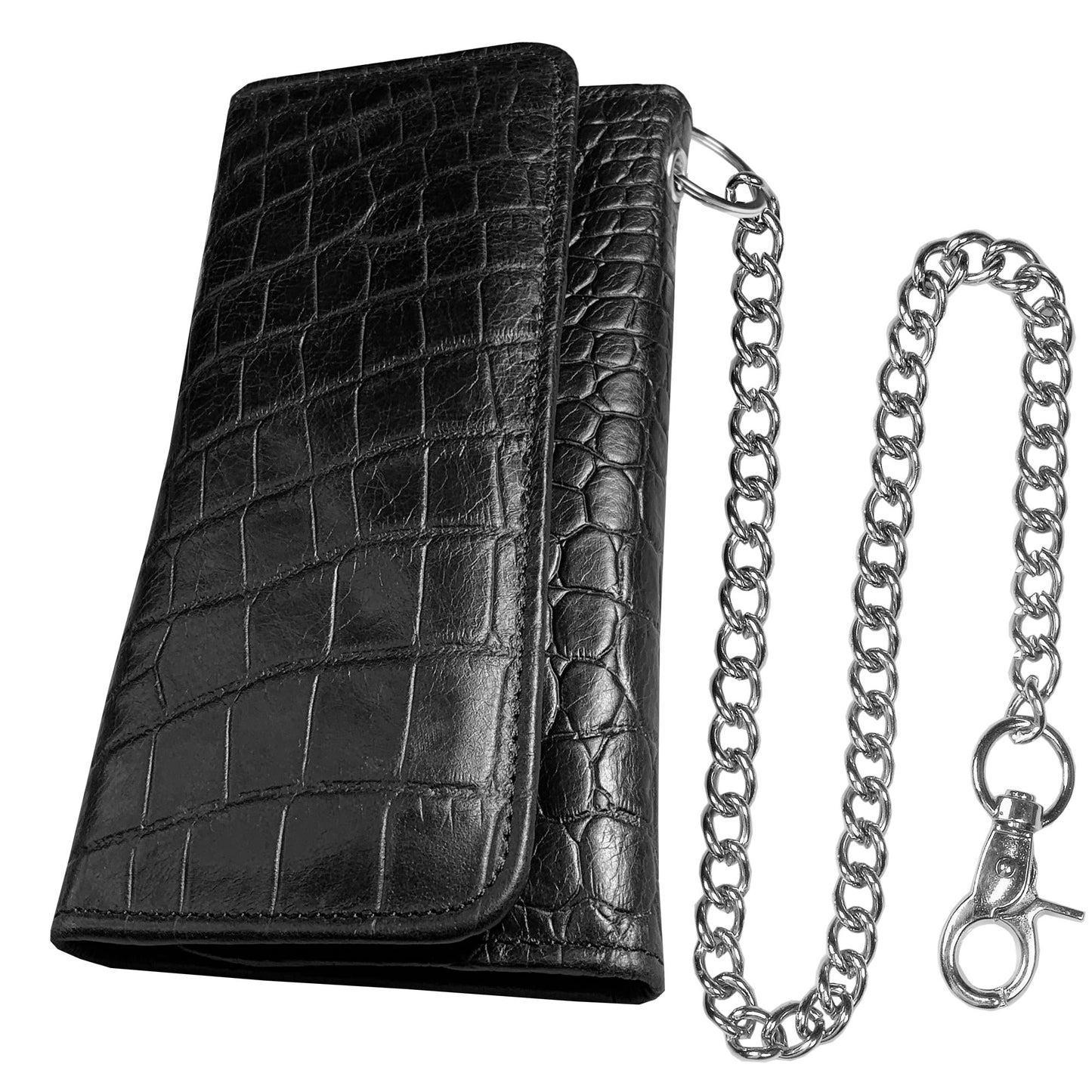 IBRO Motorcycle Chain Wallet for Men – 100% Natural Genuine Leather, Long Trifold RFID Blocking Wallet Crocodile Black