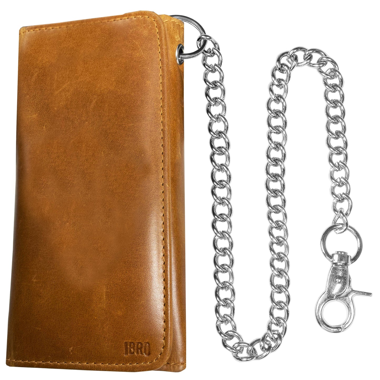IBRO Motorcycle Chain Wallet for Men – 100% Natural Genuine Leather, Long Trifold RFID Blocking Wallet Forest Brown