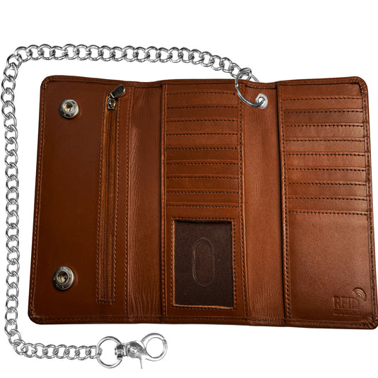 IBRO Motorcycle Chain Wallet for Men – 100% Natural Genuine Leather, Long Trifold RFID Blocking Wallet Tan