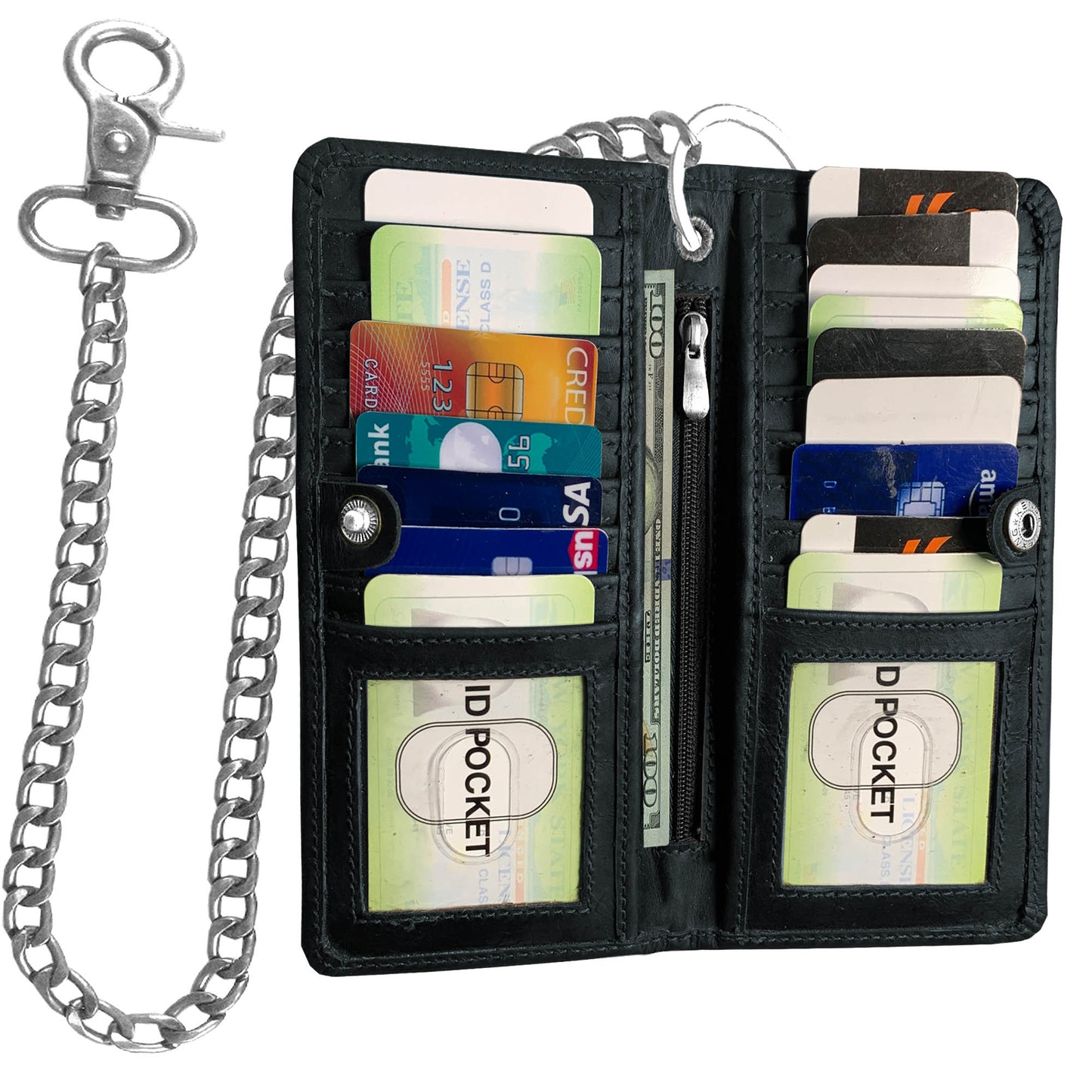 IBRO Long Bifold RFID Blocking Motorcycle Chain Wallet for Men Crazy Horse Grey