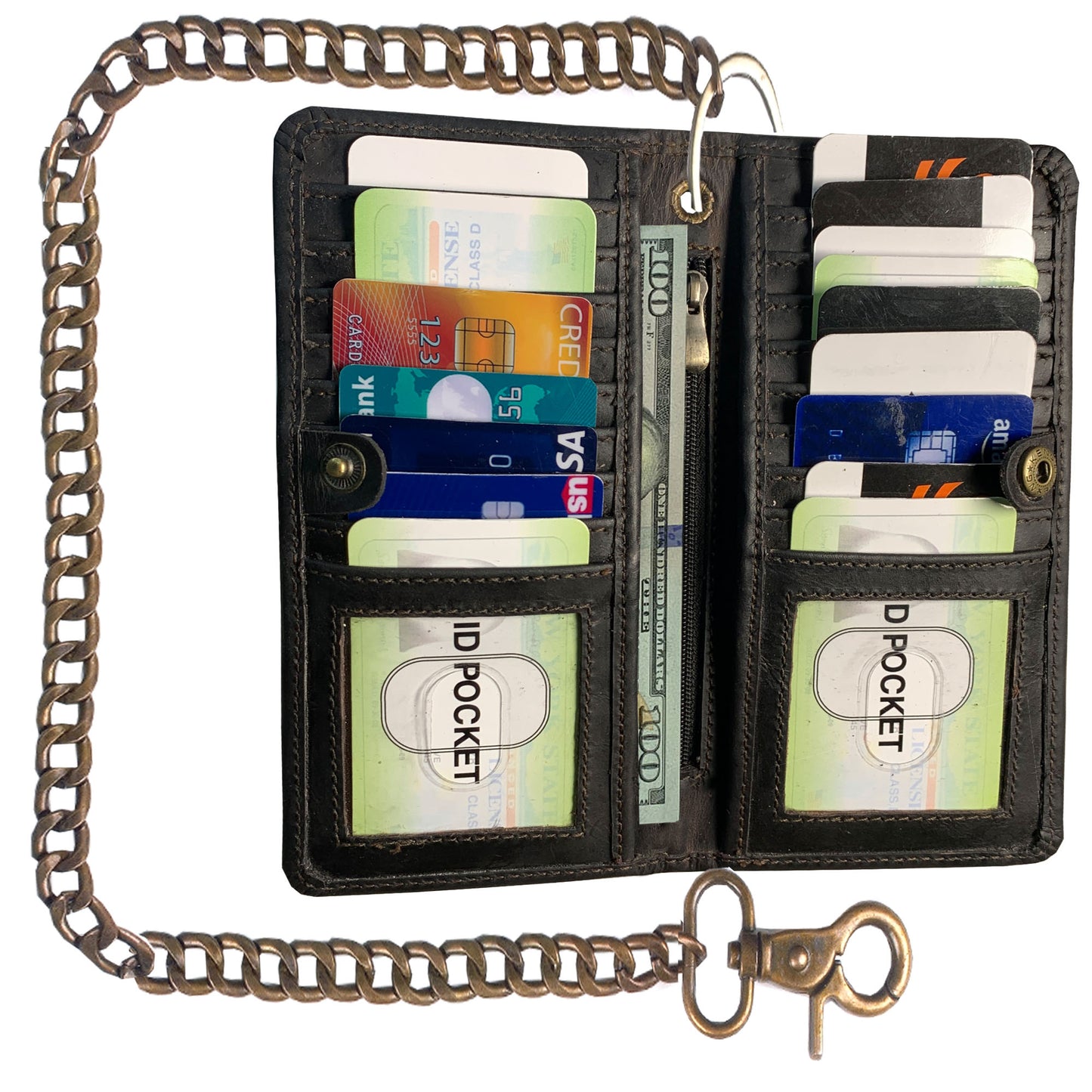 IBRO Long Bifold RFID Blocking Motorcycle Chain Wallet for Men Crazy Horse Brown