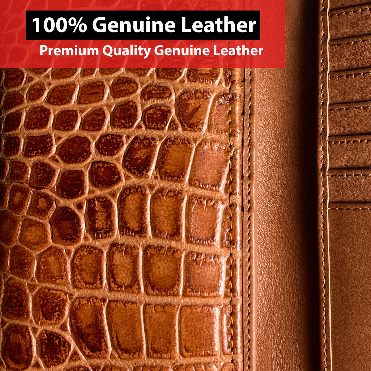 IBRO Motorcycle Chain Wallet for Men – 100% Natural Genuine Leather, Long Trifold RFID Blocking Wallet Crocodile Brown