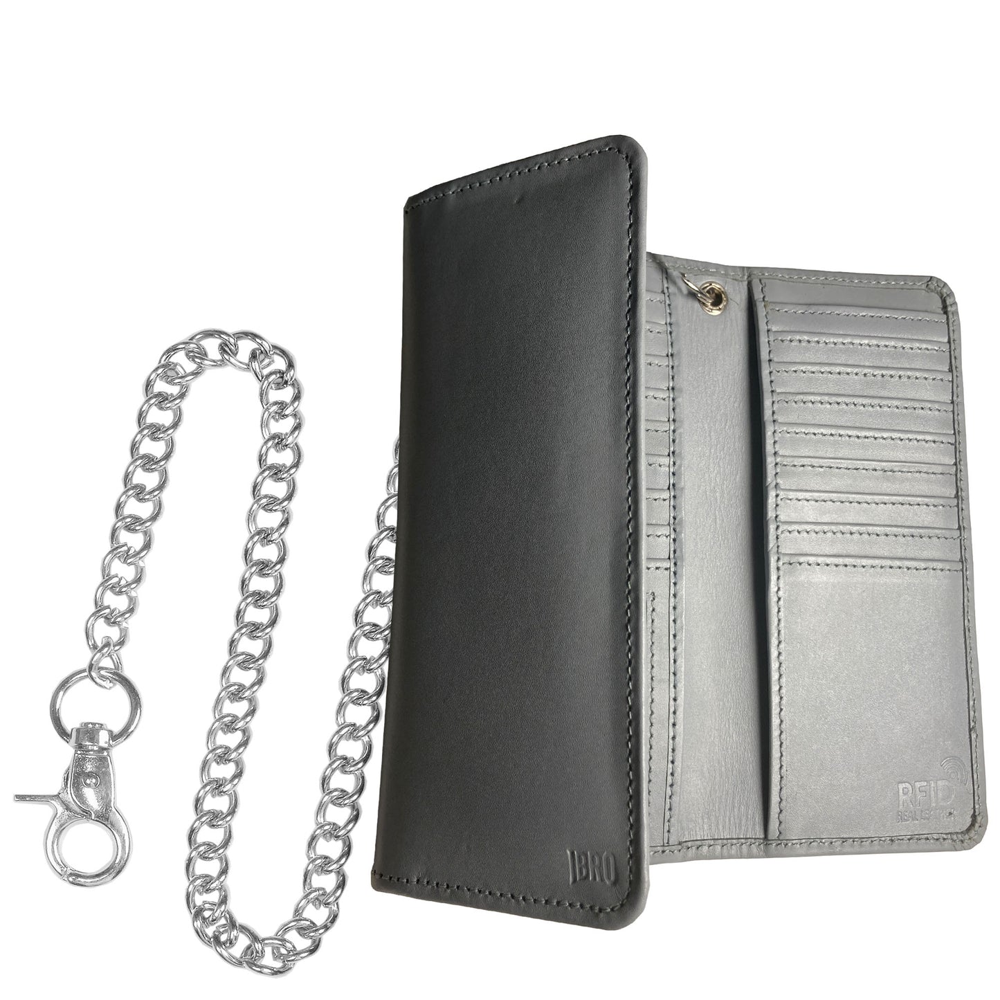 IBRO Motorcycle Chain Wallet for Men – 100% Natural Genuine Leather, Long Trifold RFID Blocking Wallet Aniline Grey