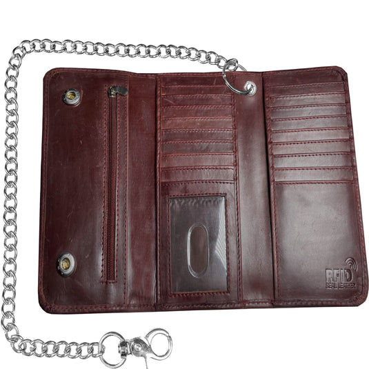 IBRO Motorcycle Chain Wallet for Men – 100% Natural Genuine Leather, Long Trifold RFID Blocking Wallet  Mahogany
