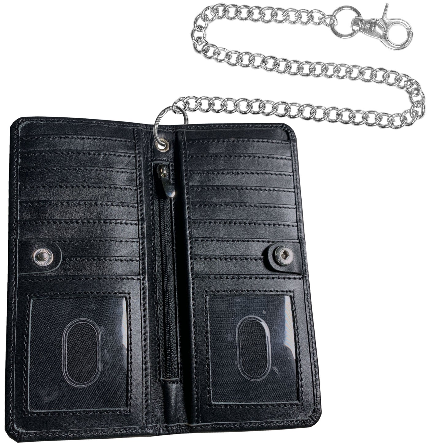 IBRO Long Bifold RFID Blocking Motorcycle Chain Wallet for Men Ostrich Black
