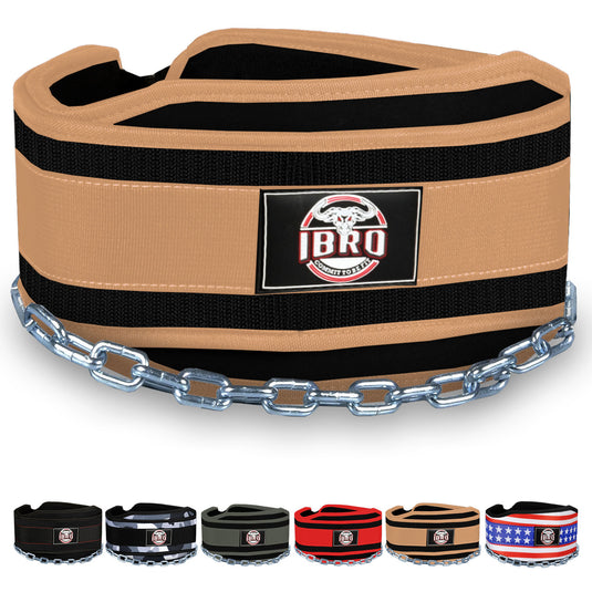 IBRO Advanced Fitness Dipping Belt with heavy Duty Long Steel Chain | Weighted Dips, Pullups, Bodybuilding, Weight Lifting | Neoprene Waist Support | for Men and Women Khaki