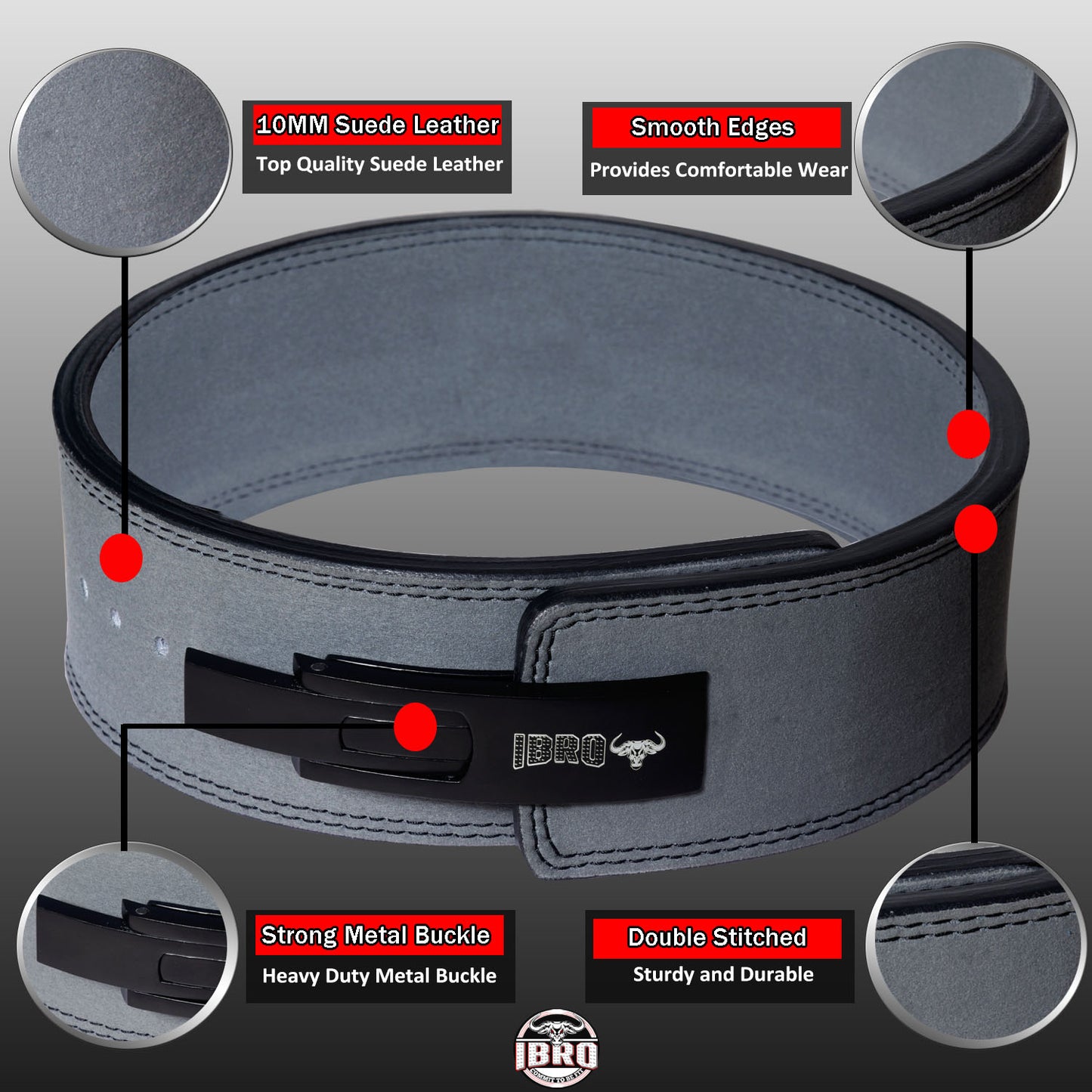 IBRO Powerlifting Lever Gym Belt  Power 10MM Extreme Heavy Duty Genuine Leather Belt 10mm Grey
