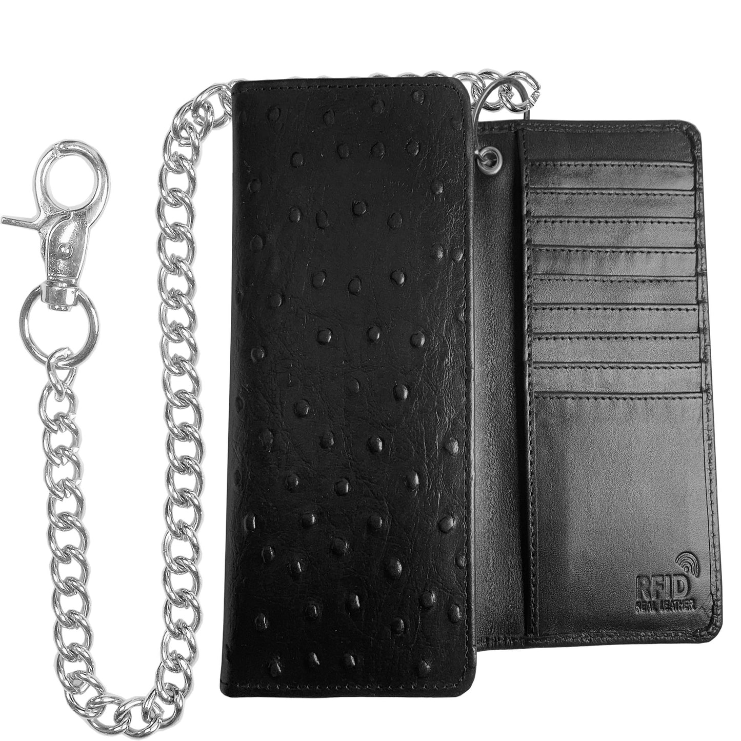 IBRO Motorcycle Chain Wallet for Men – 100% Natural Genuine Leather, Long Trifold RFID Blocking Wallet Ostrich Black