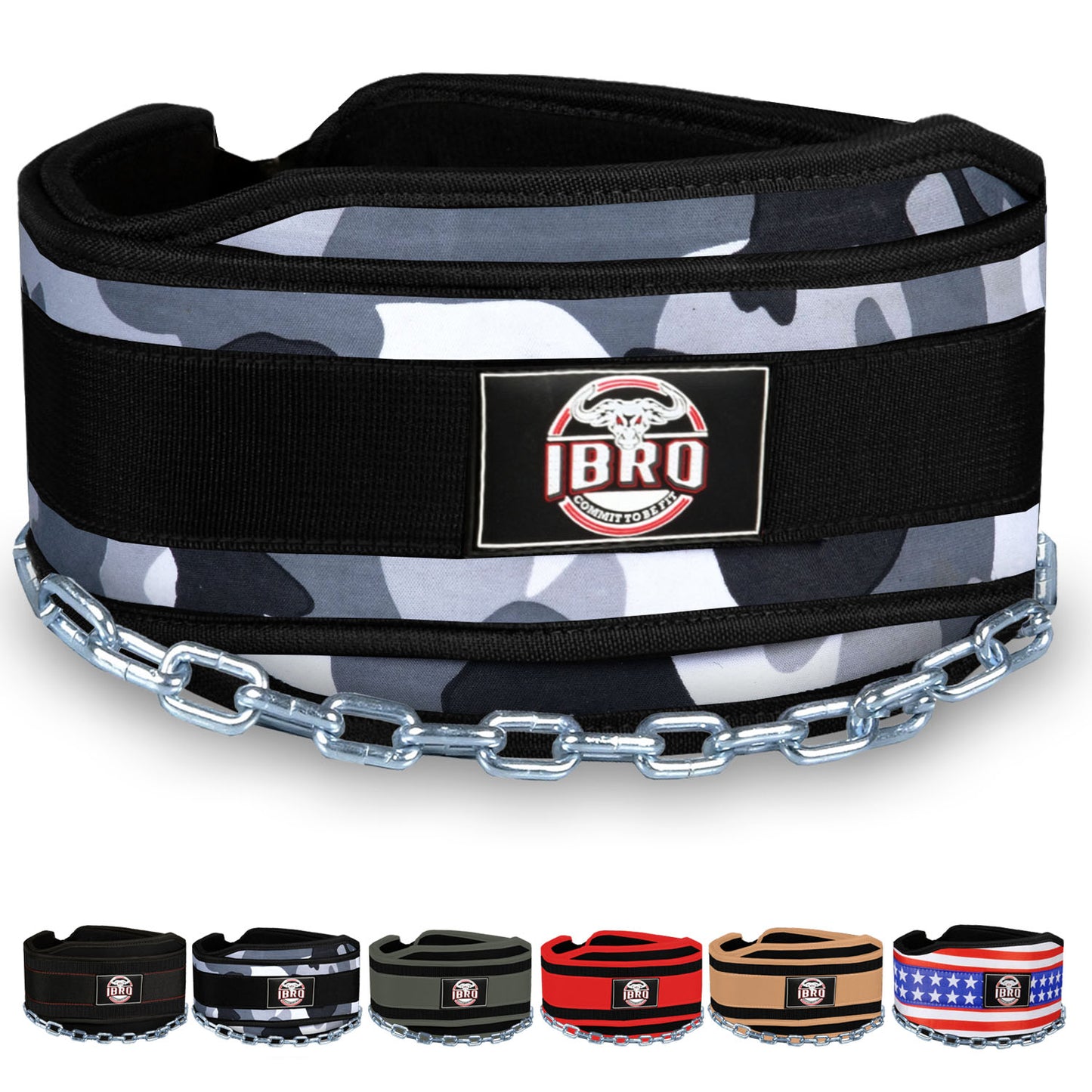 IBRO Advanced Fitness Dipping Belt with heavy Duty Long Steel Chain | Weighted Dips, Pullups, Bodybuilding, Weight Lifting | Neoprene Waist Support | for Men and Women Camo