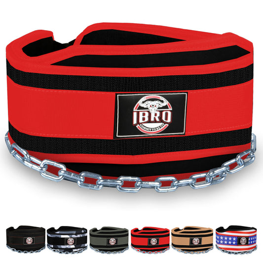 IBRO Advanced Fitness Dipping Belt with heavy Duty Long Steel Chain | Weighted Dips, Pullups, Bodybuilding, Weight Lifting | Neoprene Waist Support | for Men and Women Red