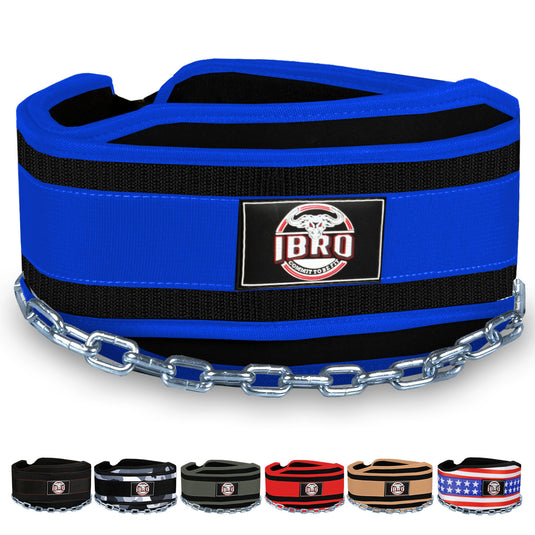IBRO Advanced Fitness Dipping Belt with heavy Duty Long Steel Chain | Weighted Dips, Pullups, Bodybuilding, Weight Lifting | Neoprene Waist Support | for Men and Women Blue