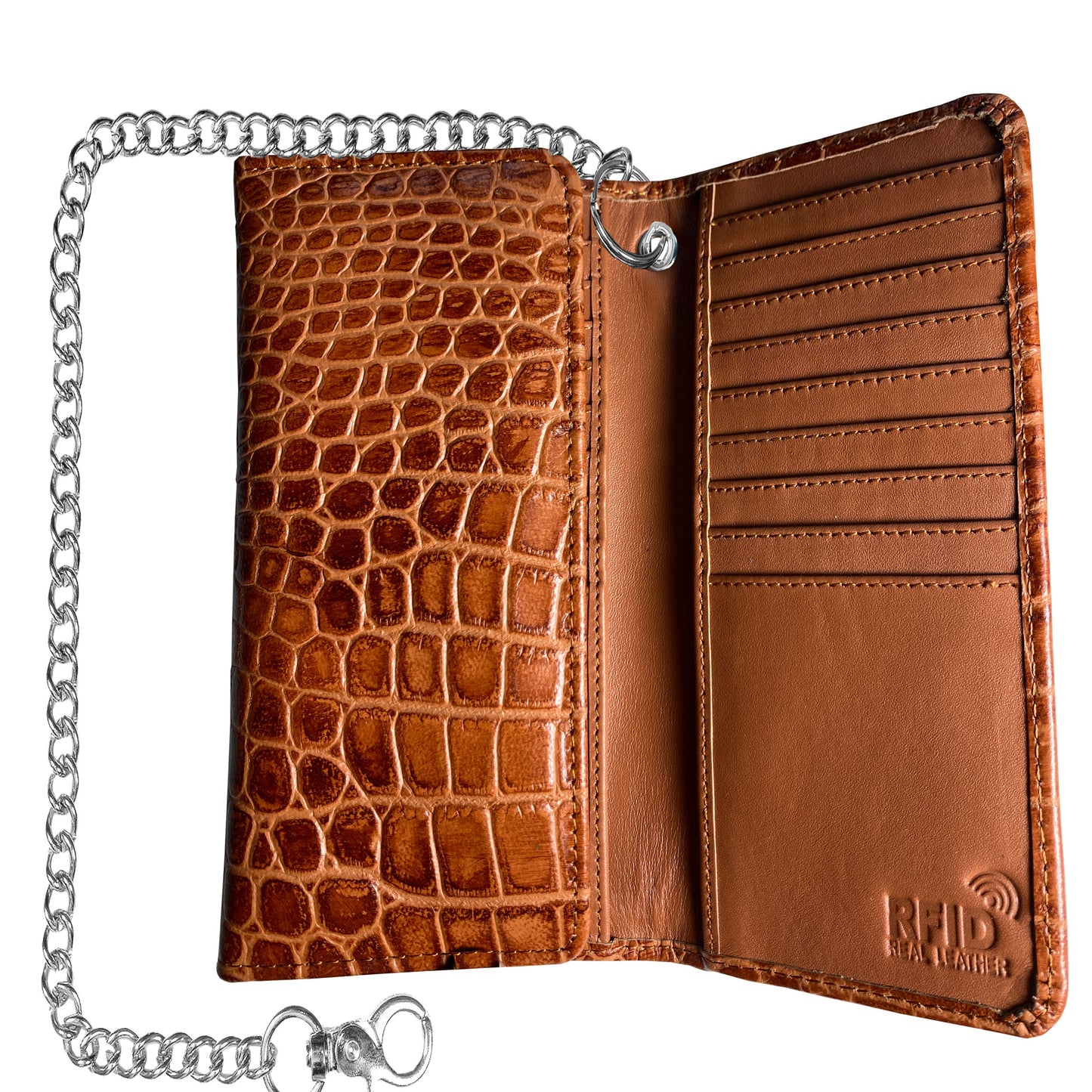 IBRO Motorcycle Chain Wallet for Men – 100% Natural Genuine Leather, Long Trifold RFID Blocking Wallet Crocodile Brown